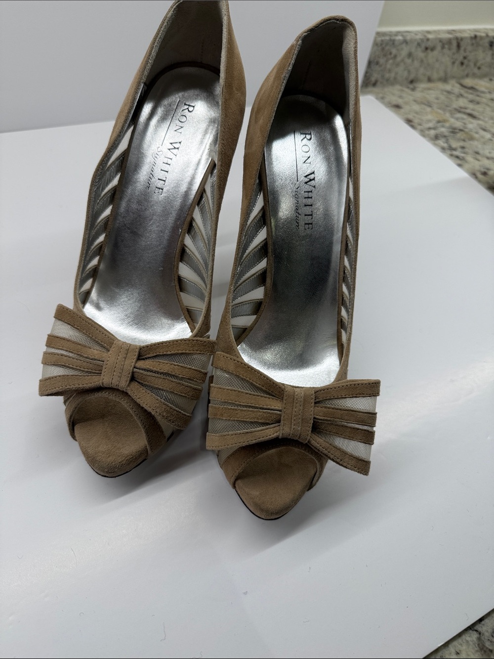 Ron White Taupe Suede Peep-Toe Bow Heels